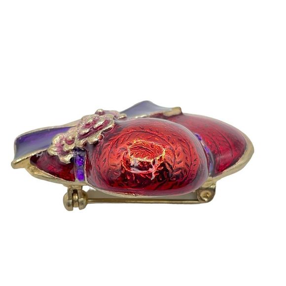 Red Hat Society Brooch Pin Red Enamel Purple Scarf Tie Flowers Gold Tone Trim 3D - Picture 10 of 10